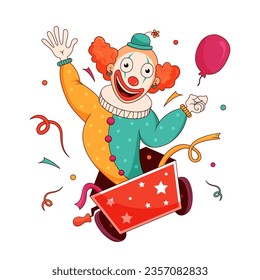 A cartoon clown jumping out of a box on wheels with a balloon in his hands and confetti