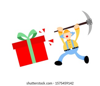 cartoon clown mining gift box doodle vector illustration flat design style