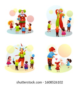 Cartoon clown performance for children flat circus set. Comedian artist showing juggling, magic tricks, creative toys from balloons. Humor entertainment. Man in bright costume. Vector illustration