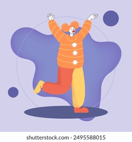 Cartoon clown performing at circus show. Circus comedian or joker character on arena flat vector illustration. Comedy, circus, entertainment concept for banner