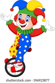 Cartoon clown riding one wheel bike