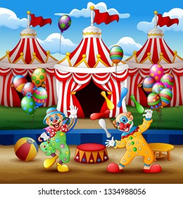 Cartoon clown show and acrobat performance at the arena