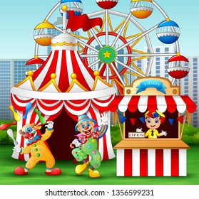 Cartoon clown show acrobatic performance at the amusement