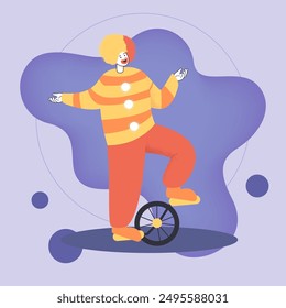 Cartoon clown with unicycle performing  at circus show. Circus comedian character flat vector illustration. Comedy, circus, entertainment concept for banner or poster