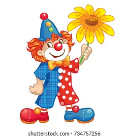 Cartoon Clown with yellow flower. Isolated on a white background. Vector Illustration. 