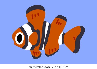 Cartoon clownfish flat vector illustration of a clownfish in cartoon style, featuring bright orange, black, and white stripes. Ideal for kids' projects, ocean-themed designs, and educational materials