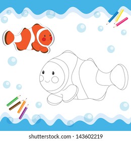 Cartoon clownfish isolated on white. Coloring book. Vector illustration.