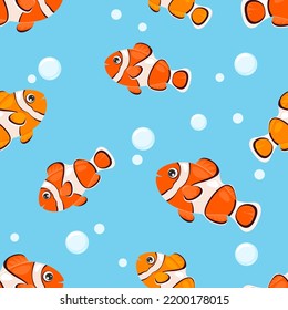 Cartoon clownfish seamless pattern. Background with cute funny sea fish. Vector cartoon flat illustration. Coral reef dweller.