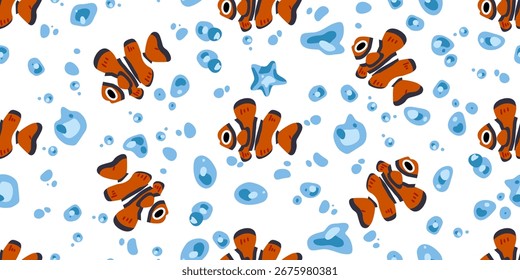 Cartoon clownfish seamless pattern with blue bubbles in flat style on white background.