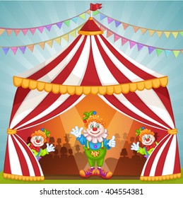 Cartoon clowns in circus tent