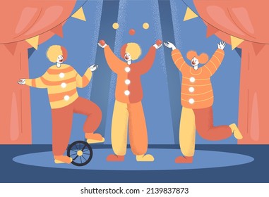 Cartoon clowns or jugglers performing at circus show. Circus poster or wallpaper, with comedian or joker characters on arena flat vector illustration. Comedy, circus, entertainment concept for banner