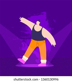 Cartoon Clubbing Happy Man Performing On Stage Under Music Lights Disco Hip Hop Festival Concept People At Discotheque In Nightclub Vector Style Illustration Nightlife Party Event Dancing Marathon