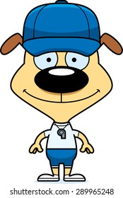 A cartoon coach puppy smiling.