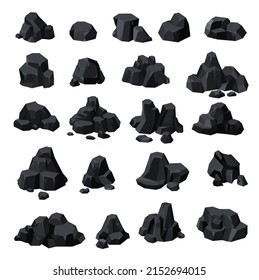 Cartoon coal ore, black charcoal, graphite lump, rock stone isolated vector set. Fossil or mineral resources piles, bunch and cut pieces, ui or gui game asset, mining production, quarry or mine items