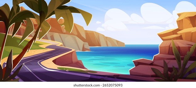 Cartoon coastal road winding along turquoise sea with rocky cliffs and tropical plants - scenic trip route through paradise beach landscape. Vibrant travel illustration for tourism background.