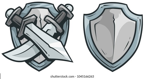 Cartoon coat of arms with crossed swords and metal shield. Isolated on white background. Vector game icon set.