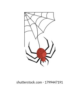 Cartoon cobweb and spooky red spider . Vector illustration for Halloween holiday