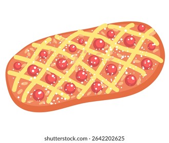 Cartoon of Coca de San Joan topped with pastry cream vector illustration. Drawing of delicious festive cake traditional to Catalonia during Saint John’s Eve
