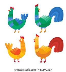 Cartoon cock and chicken isolated on white. character design of domestic bird used for books, stickers, posters, web pages, holiday memory card. Chinese year symbol. 