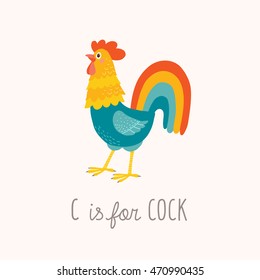 Cartoon cock. Funny rooster. C is for Cock. Vector hand drawn eps 10 illustration isolated on white.