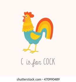 Cartoon cock. Funny rooster. C is for Cock. Vector hand drawn eps 10 illustration isolated on white.