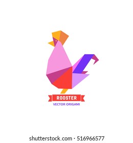 Cartoon cock icon. Abstract rooster sign. Freehand drawn stylized origami chicken emblem. Template geometric logo design. Rectangular shape hen symbol  isolated. Design element. Vector illustration