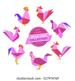 Cartoon cock icon set. Abstract rooster sign. Freehand drawn stylized origami chicken emblem. Template geometric logo design. Design element rectangular shape hen symbol isolated. Vector illustration