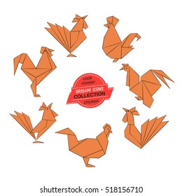 Cartoon cock icon set. Abstract rooster sign silhouette. Freehand drawn stylized origami chicken emblem. Template geometric rectangular  logo. Design element hen symbol. Vector cockerel illustration