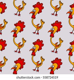 Cartoon cock seamless pattern. Abstract rooster background. Vector illustration