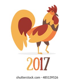 Cartoon Cock Symbol of New Year. Flat Design Style Vector illustration of rooster, symbol of 2017 on Chinese calendar. Logo Cock isolated