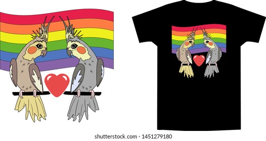 Cartoon cockatiels with red heart between on rainbow flag background. Hand drawn cute doodle vector illustration for bird lovers. Print for trendy t shirt and apparel design, cards, stickers.