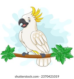 Pajarito de cacatúa de caricatura sentado en una rama de árbol