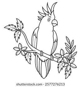 Cartoon cockatoo bird sitting on a tree branch line art