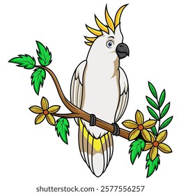 Cartoon cockatoo bird sitting on a tree branch