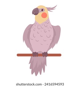 Cartoon cockatoo. Сute colorful cockatoo bird, decorative domestic parrot sitting on perch flat vector illustration. Cockatoo bird on white background