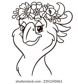 Cartoon cockatoo parrot in floral crown. Cute baby animal nursery print