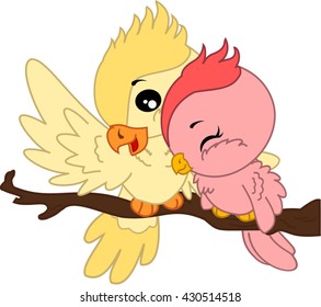 Cartoon cockatoos embrace.