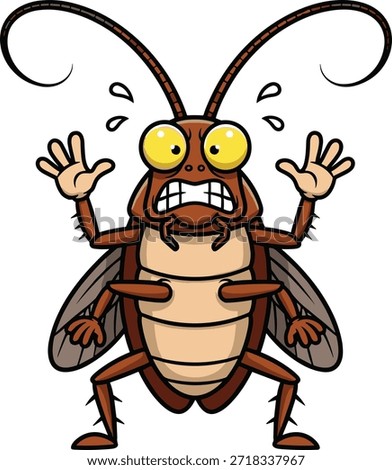 Cartoon cockroach character with frightened expression, bulging eyes and raised arms, humorous insect pose, vector illustration for pest control, education, and comedy themes