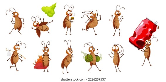 Cartoon cockroach characters. Funny pest bug, scared cockroach isolated vector personage, cheerful insect eating trash, smiling and running, carrying aluminium can and dying from pesticides
