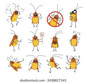 Cucaracha de dibujos animados. Locas cucarachas divertidas comiendo, bailando y corriendo. Bicho parásito asustado, insecto doméstico horrible. Carácter vectorial de clase aislado