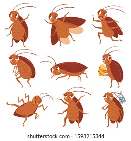 Cartoon cockroach mascot. Angry cockroaches, insect pests and bugs control characters vector illustration set. Funny brown beetles collection. Different adorable parasites, wildlife stickers pack