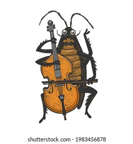 Cartoon cockroach orchestra playing double bass color line art sketch engraving vector illustration. T-shirt apparel print design. Scratch board imitation. Black and white hand drawn image.