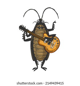 Cartoon cockroach orchestra playing the guitar color sketch engraving vector illustration. T-shirt apparel print design. Scratch board imitation. Black and white hand drawn image.