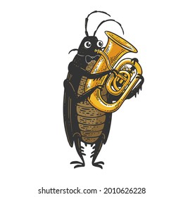 Cartoon cockroach orchestra playing the huge brass tube trumpet color sketch engraving vector illustration. T-shirt apparel print design. Scratch board imitation. Black and white hand drawn image.