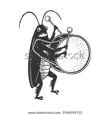 Cartoon cockroach orchestra playing the large drum sketch engraving vector illustration. T-shirt apparel print design. Scratch board imitation. Black and white hand drawn image.