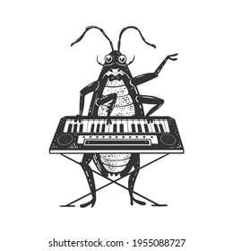 Cartoon cockroach orchestra playing the Synthesizer piano sketch engraving vector illustration. T-shirt apparel print design. Scratch board imitation. Black and white hand drawn image.