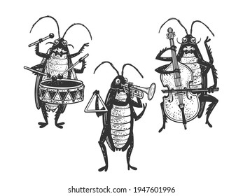 Cartoon cockroach orchestra playing the trumpet double bass drum sketch engraving vector illustration. T-shirt apparel print design. Scratch board imitation. Black and white hand drawn image.