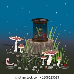 A cartoon cockroach sits on a stool and watches TV in a glass jar with a light bulb. In the forest, among the green grass and mushrooms with insects, it is raining.