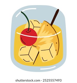 Cartoon cocktail isolated on white background. Vector illustration of tropical drink in old-fashioned glass. Hand drawn beverage with pineapple and cherry.