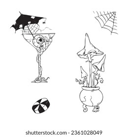 Cartoon cocktail and mushrooms for Halloween. Vector illustration.